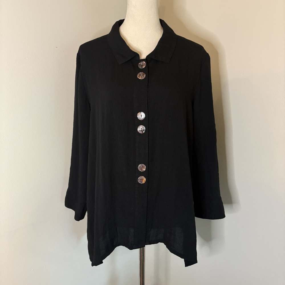 Fridaze Black 100% Linen Blouse M Shell Button Redefined Tunic Top Sharkbite EUC